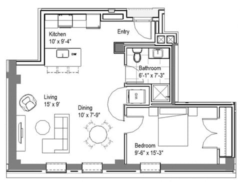 Floor plan for 1 bed, 1 bath, 675 sqft